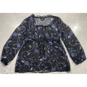 Vintage TESS 100% Silk Blouse Womens 10 Black Blue Sheer Floral Ruffle Top